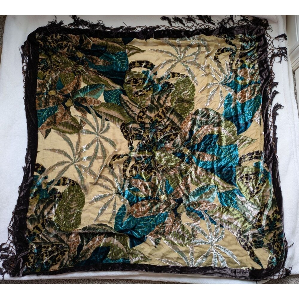 Chico's HUGE Piano Fringe Beaded Velvet Wrap Shawl Scarf 40" Square Burnout
